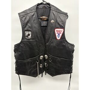 Harely Davidson Leather Biker Vest Motorcycle Patches  Lace Sides Chain Men XL